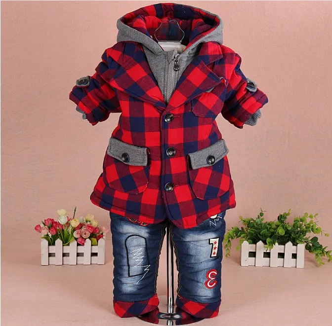 

new 2017 winter baby boy plaid cotton-padded thicken warm fleece inside clothing sets 2pcs boys winter coat jeans suit