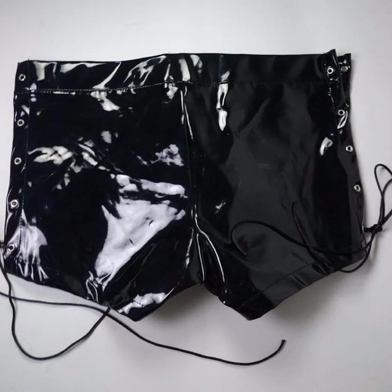 Wetlook Latex Boxers Sexy Leather Men Underwear Shorts Trunk Lingerie Homme Gay Jockstrap Lace Up Male Black Vinyl Underpants