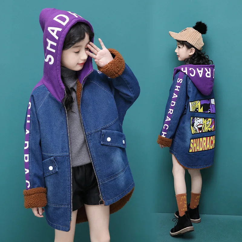 Джинсовая куртка для девочек зимняя осенняя теплая флисовая средней длины с