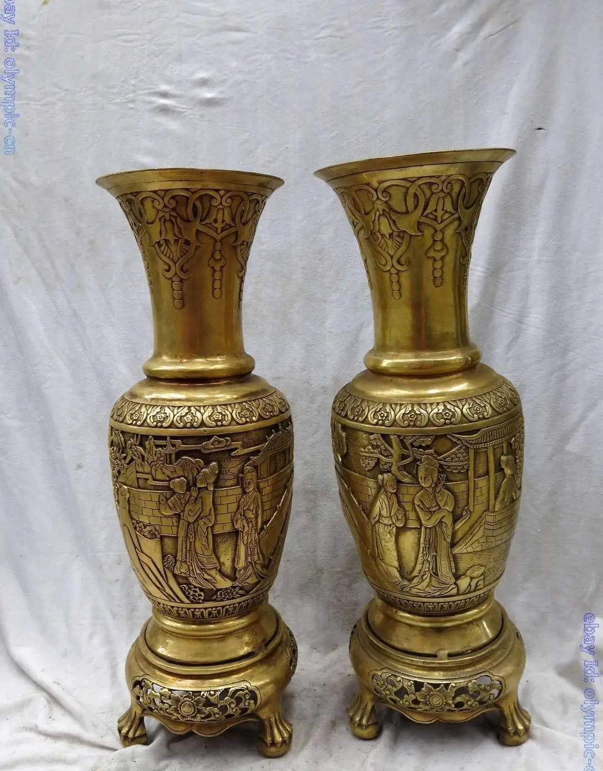 20" China brass copper carved finely pavilions garden belle Vases pair Statue