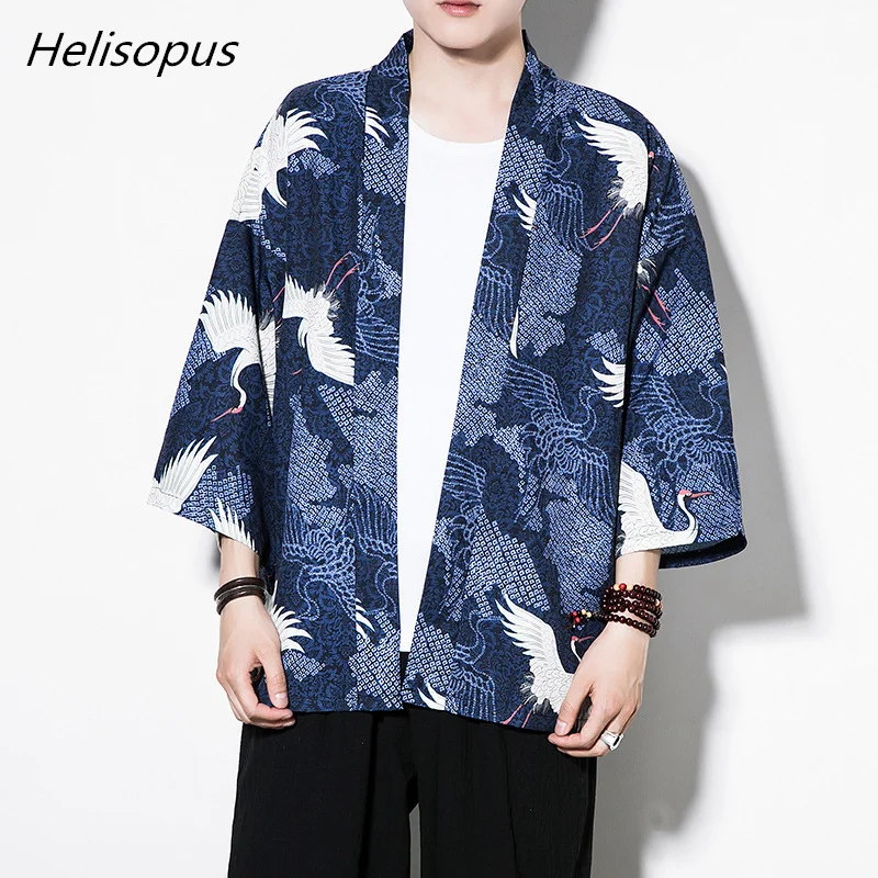 Helisopus модный принт мужской кимоно кардиган рубашка Harajuku верхняя одежда