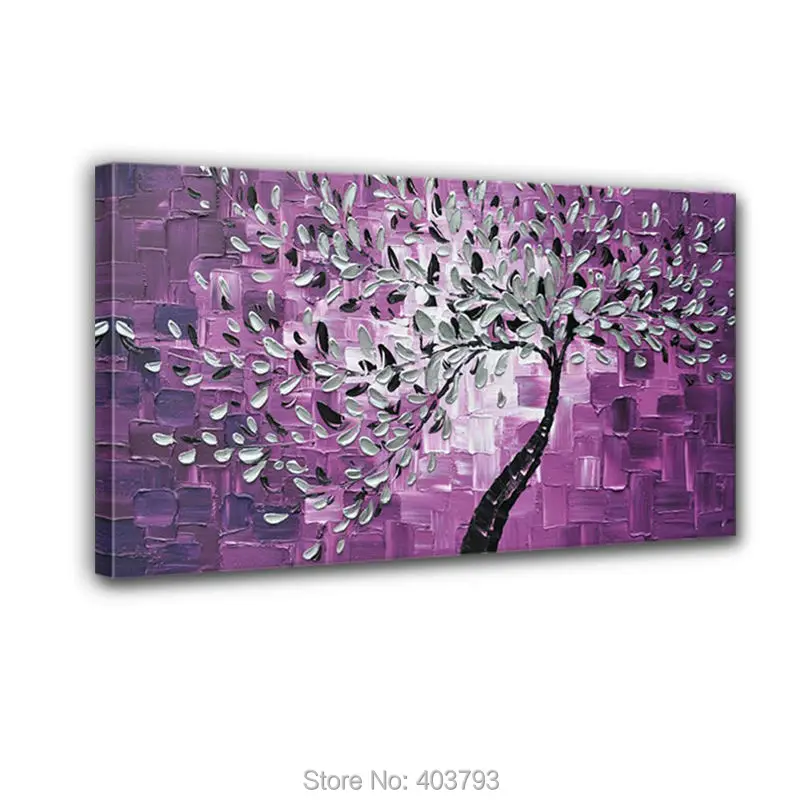 

100% Hand-painted No Frame On The Back Knife Painted Purple Bottom White Flowers Wall Decor Landscape Oil Painting On Canvas