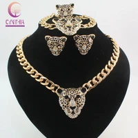 cool black enamel leopard head crystal necklace set for womenmen trendy gold color costume african jewelry sets