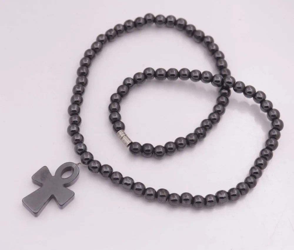 

6mm round natural black magnetic hematite Cross pendant necklace 18" magnet