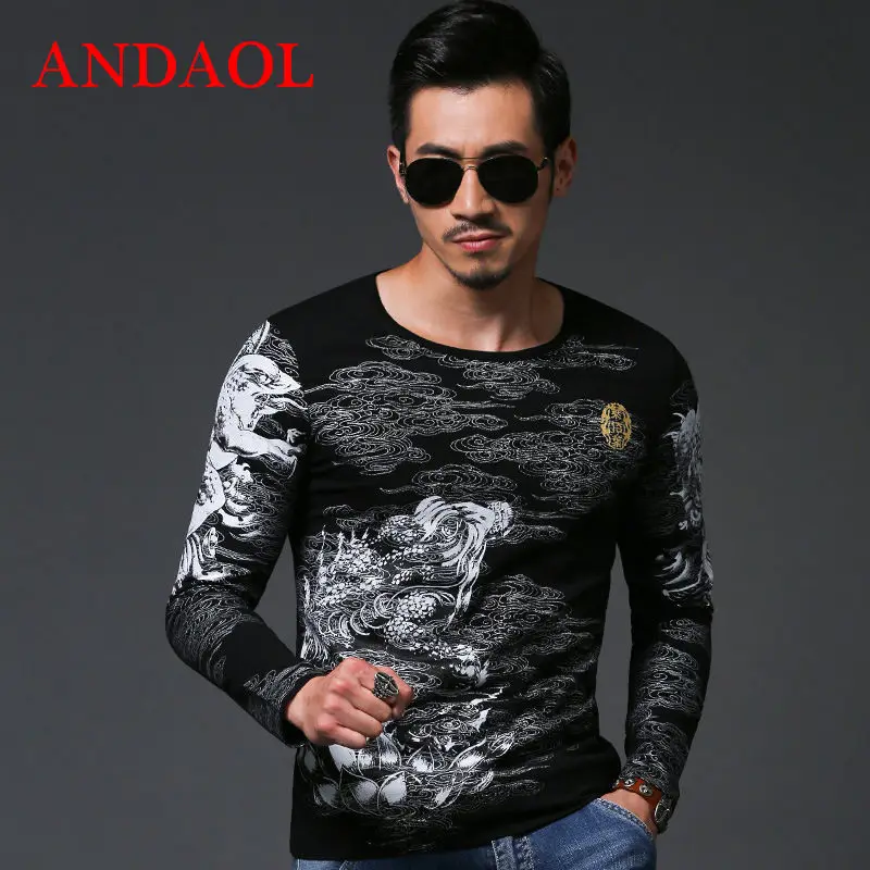 

ANDAOL Men's Round Neck Slim Print Color Long-sleeve T-shirts Top Quality Muscle Basic Blouse Tshirt New Luxury Casual Tops Tees