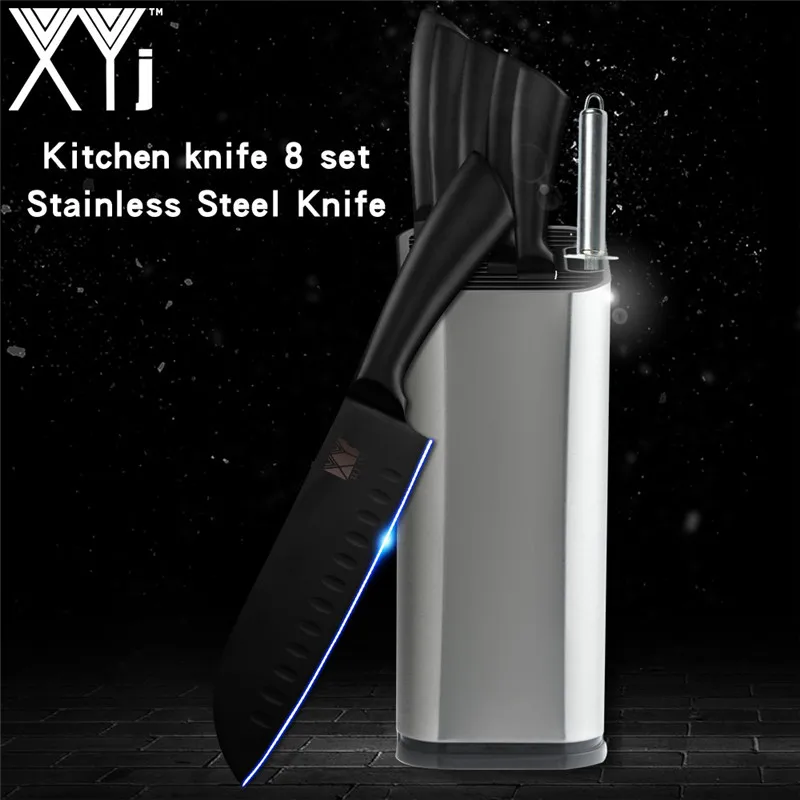 8pcs stand sharpener XYj модный дизайн кухонные ножи из нержавеющей стали с черной ручкой лезвие поварский нож сантоку японские столовые приборы 3Cr13 стальной нож горячая распродажа - Цвет: 8pcs stand sharpener