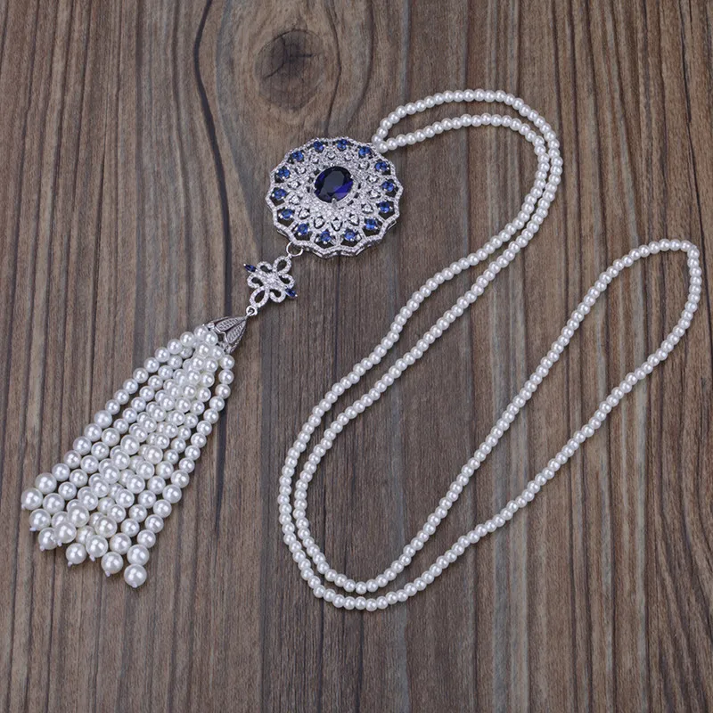 Boho Bohemia белый жемчуг с бисером кисточкой с серебристым винным красным темно-синим CZ кристаллом Шарм Подвеска Бусы цепочка ожерелье для женщин