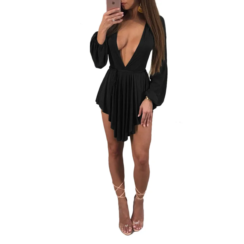 Wjustforu Мини сексуальное платье для женщин Boho плиссированные Глубокий V вечерние