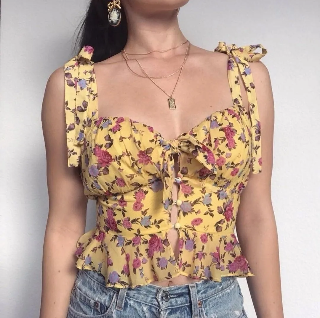 OOTN Сексуальная V шеи цветочный принт укороченный топ шифон Женская сорочка спагетти сорочка женская Кружевная летняя майка женские топы баски