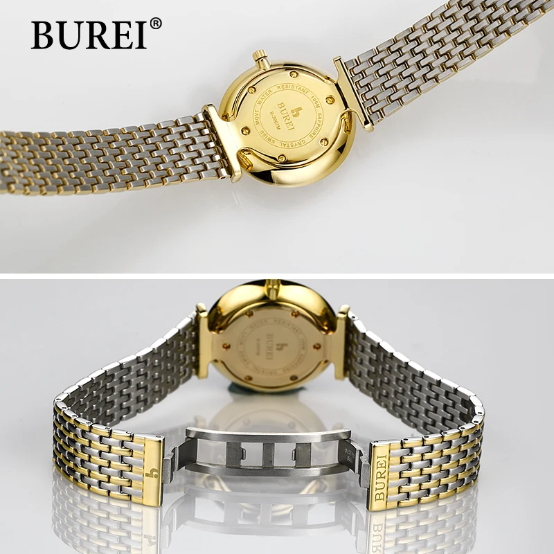 Burei Золотые Женские Часы Лучший Бренд Моды Стали Ремешок Сапфир Объектив