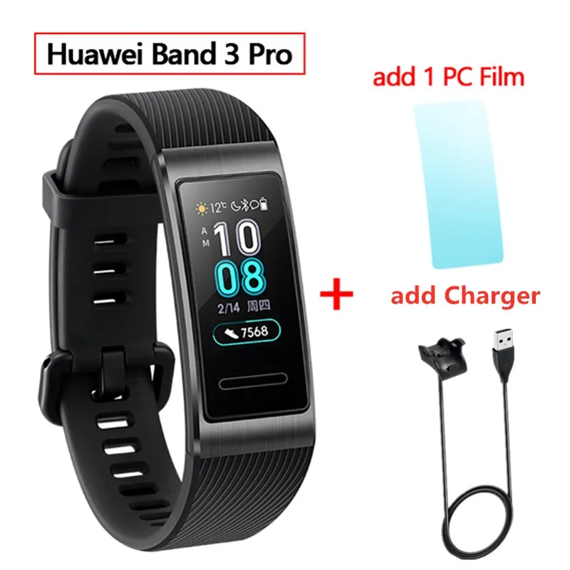 black add charger huawei Band 3 Pro gps Amoled 0,95 'Полноцветный Сенсорный Водонепроницаемый металлический браслет с датчиком пульса для плавания и сна - Цвет: black add charger