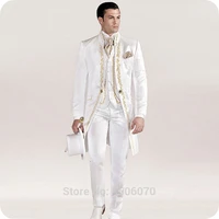 italian vintage white tailcoat embroidery men suits for wedding suits slim blazer long jacket pants vest groom tuxedos costume