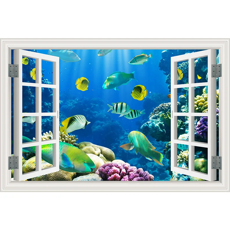 Underwater Fish Dolphin 3d Vivid Window Wall Stickers DIY decals Bathroom Living Room Bedroom Home Decoration Poster | Дом и сад