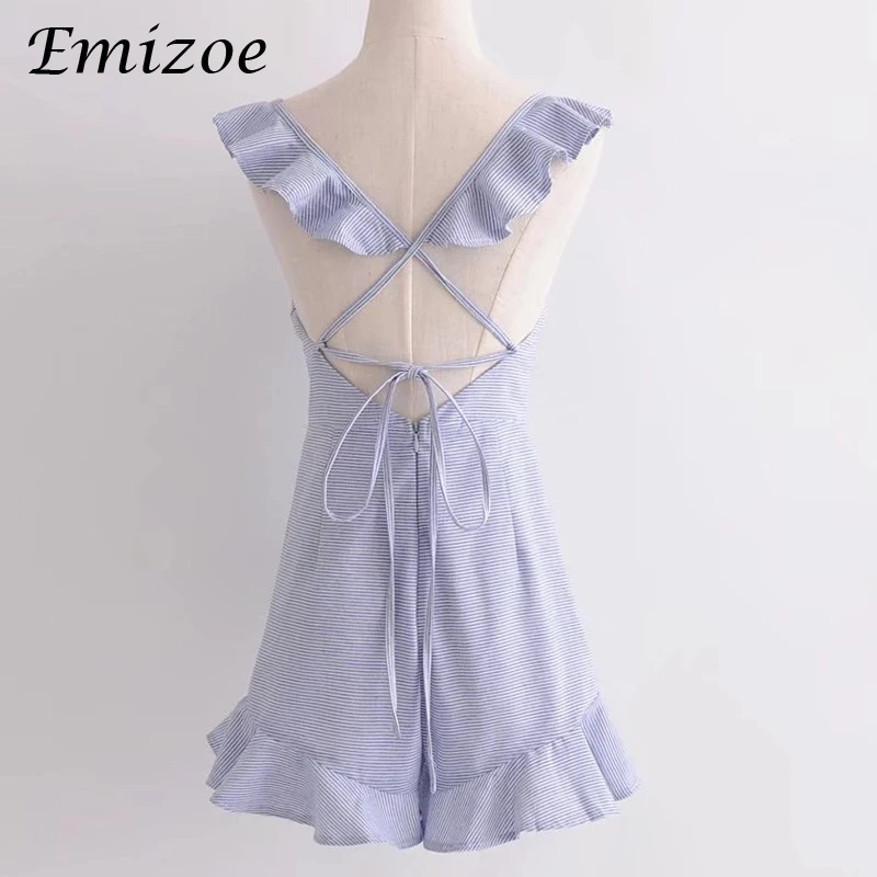 Emizoe рюшами Полосатый кружево до короткий комбинезон для женщин летние без