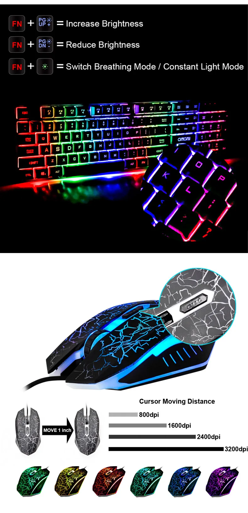 Игровая клавиатура и мышь, комбинированная, светодиодный, с подсветкой, USB, проводная, полноклавишная, профессиональная цветная мышь, 3200 dpi, механическая на ощупь