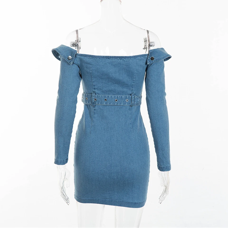 JillPeri джинсовое платье с длинным рукавом открытыми плечами вырезом лодочкой и