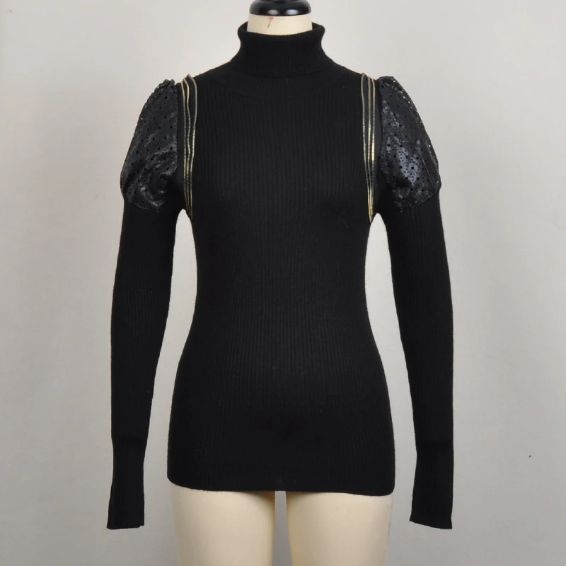 2018 Autumn Black Long Sleeve Women Slim Turtleneck Sweater PU Leather Shoulder Pure Color Office Lady Knitting Pullovers FSJQ47 | Женская