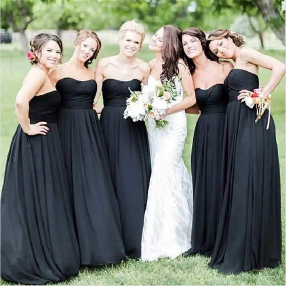 

Black Pleat Satin A Line Bridesmaid Dresses Strapless Sleeveless Floor Length Long Wedding Guest Dress 2019 Cheap Women Gowns