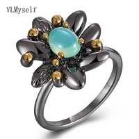 lt blue opal stone ring anel female black flower jewellery copper anti allergy metal lovely rings top quality jewelry for women