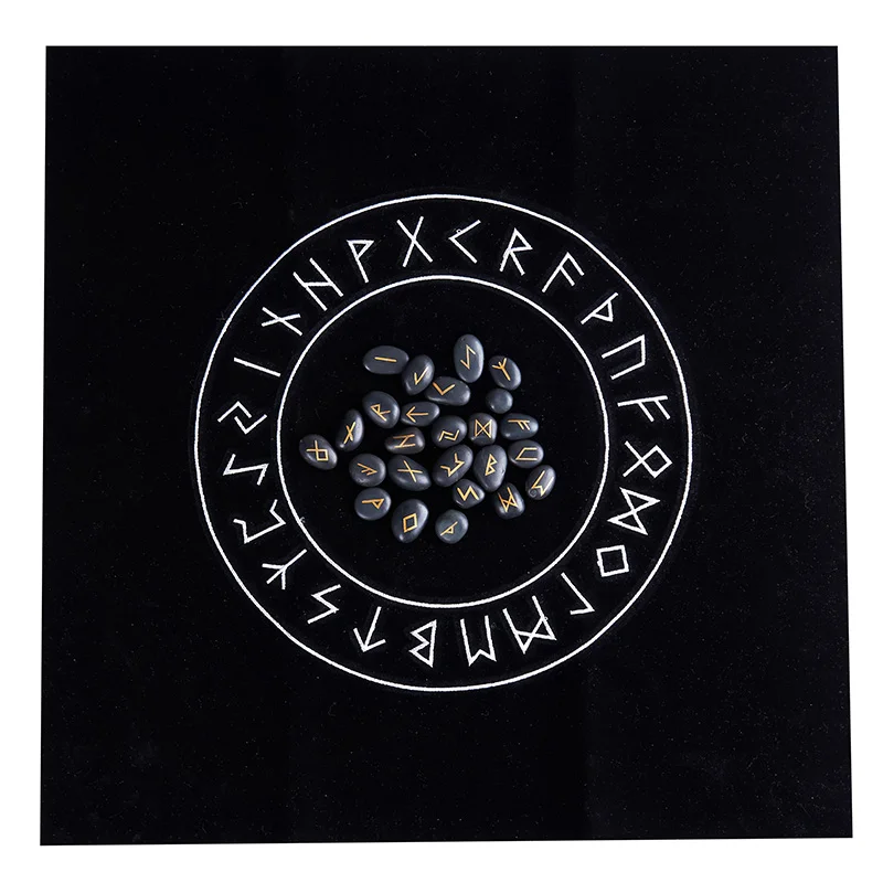 25pcs/set Runes Stones with BlackTablecloth/Bag Engraved Riverstones Carved Black Lettering Feng Shui Board Game Accessory | Спорт и