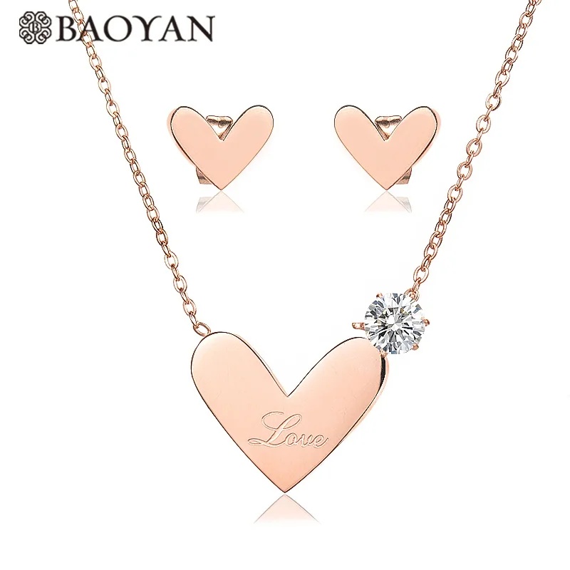 Rose gold BAOYAN большая любовь сердце Свадебные Ювелирные наборы роскошный кубический цирконий, свадебное украшение Наборы 316L из нержавеющей стали Комплекты украшений для женщин - Окраска металла: Rose gold