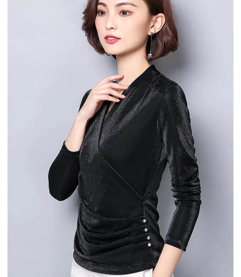 Blusas Mujer De Moda корейский Блестящий люрекс Женские топы и блузки размера плюс длинный рукав v-образный вырез блузка с блестками тонкая женская рубашка
