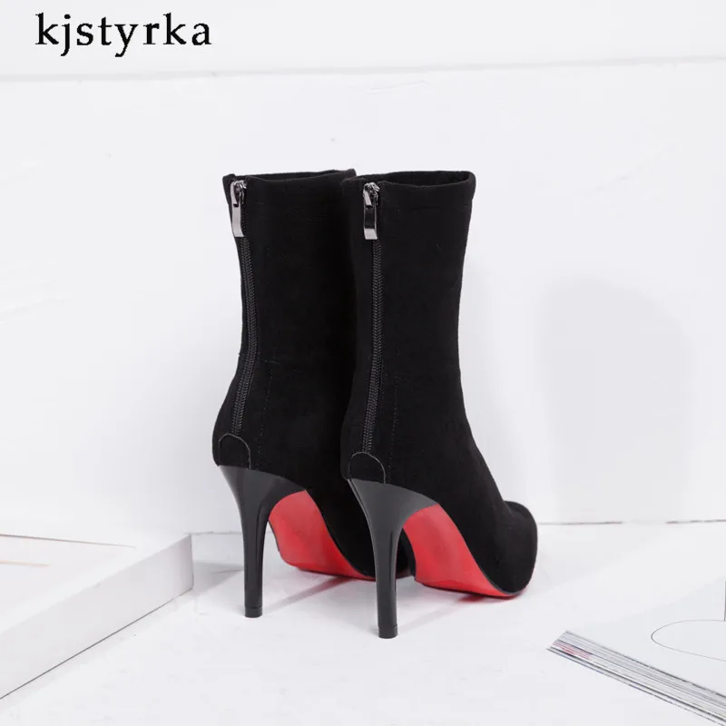 Kjstyrka/Лидер продаж года; модные женские ботинки до середины икры с острым носком; сезон осень-зима; женская обувь с красной подошвой на молнии на тонком каблуке; bota feminina