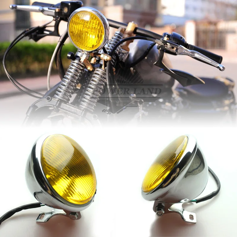 

1x Chrome Motorcycle Round Hight Low Beam Retro Amber Lens12V Bulb Head Lamp Head Light Fit For Harley Cafe Racer Bobber Custom