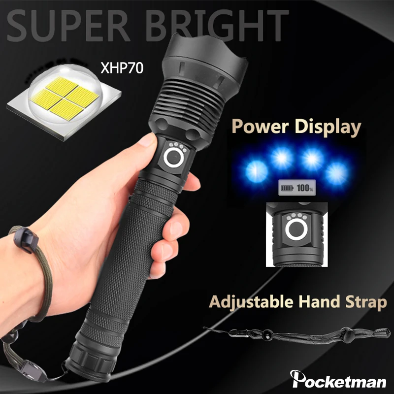 Pocketman светодиодный фонарик мощный яркий XHP70 фонарь USB Перезаряжаемый Фонарик