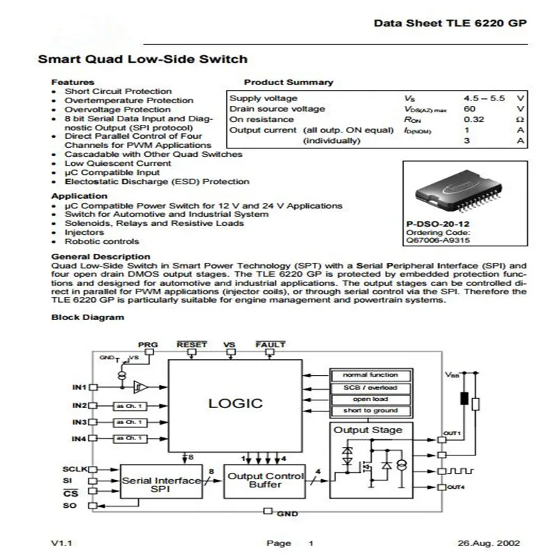 [1 шт. ~ 5 шт.] 100% Новый оригинал: TLE6220GP TLE6220 GP [ N-channel 4 V-5 V 3A 320milliohms]IC SW SMART QUAD LOSIDE DSO-20 |