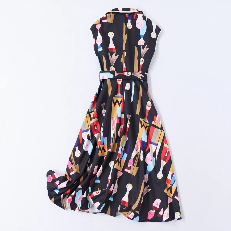 Long Dress High Quality Summer New Women'S Fashion Workplace Party Vintage Elegant Chic Cartoon Print Suit Collar Vest Dresses