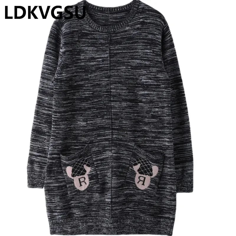 2018 New Spring Autumn Wave Sweater Dress Women Korean Knitted Pullover Loose Plus Size Long Sleeve Print Bottoming Shirt Is1082 | Женская