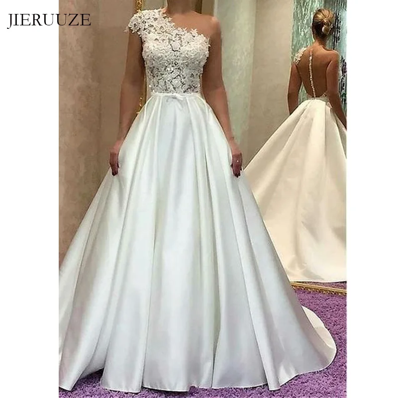 

JIERUIZE White Satin Simple Wedding Dresses Lace Appliques Sheer Back Buttons Wedding Gowns Bride Dresses robe de soiree