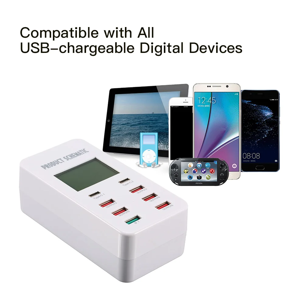 Сетевое зарядное устройство Quick Charge 3 0 hub 8A с 6 USB портами и 2 Type C настольное