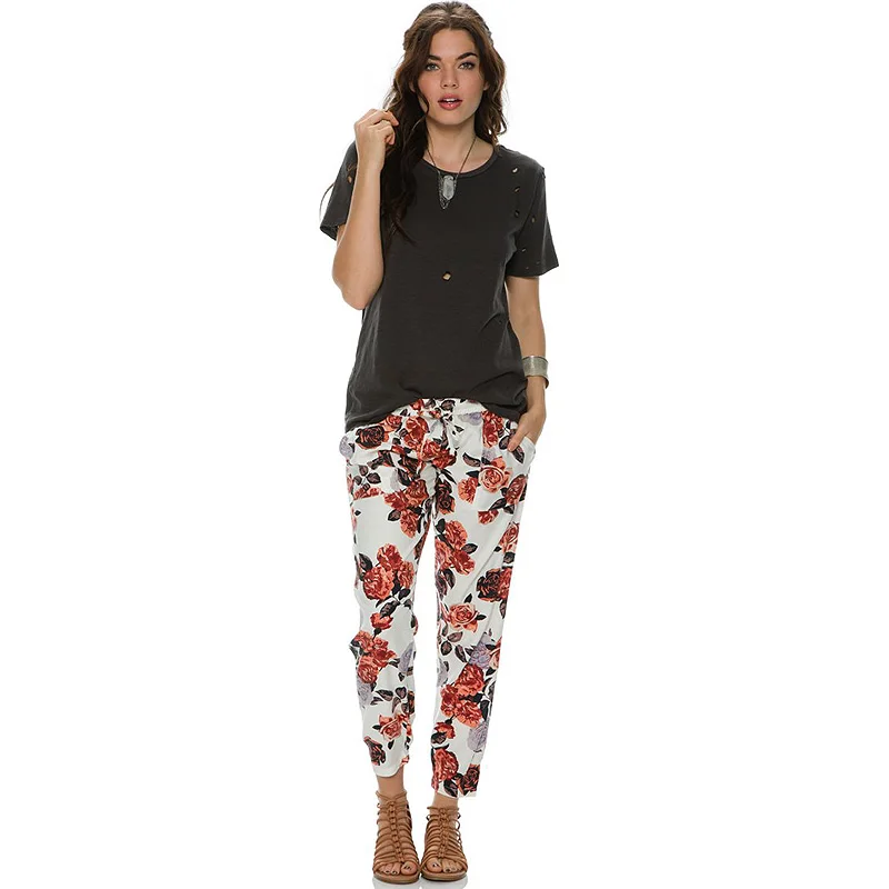 Богемный Стиль Женские Брюки Шаровары Лето 2016 Цветочный Принт Плоским Лодыжки