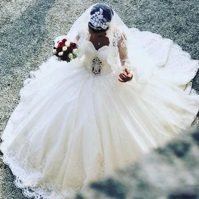 Потрясающее Белое Бальное Платье Свадебные Платья с длинным рукавом и