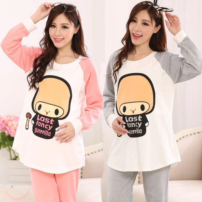 

Cartoon Printed Cute Pregnant Pajamas 2PCS Sets Long Sleeve Splicing T-shirts+Long Pants Maternity Nursing Nightgown Outfits