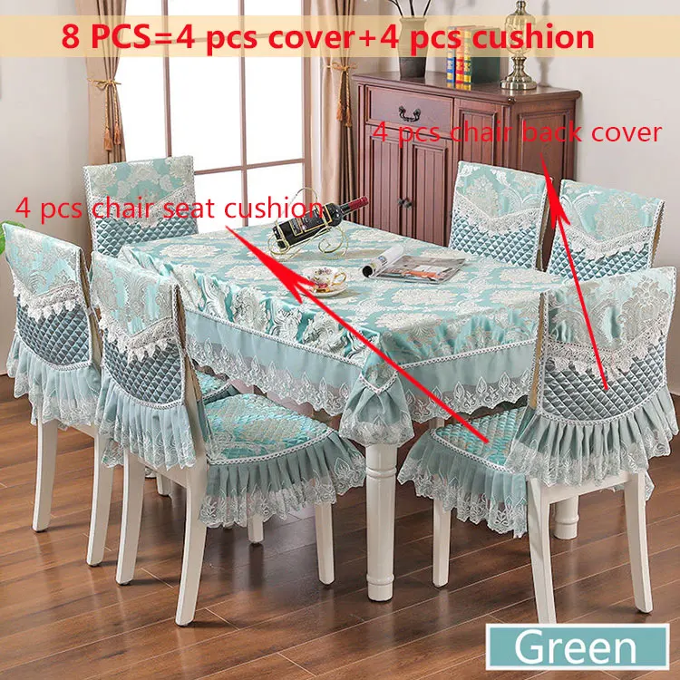 Green 8pcs Европейский кружевной пылезащитный комплект скатертей с вышивкой для банкета, прямоугольной формы, для украшения дома, для обеденного стола, чехол на спинку стула, подушка для сиденья - Цвет: Green 8pcs