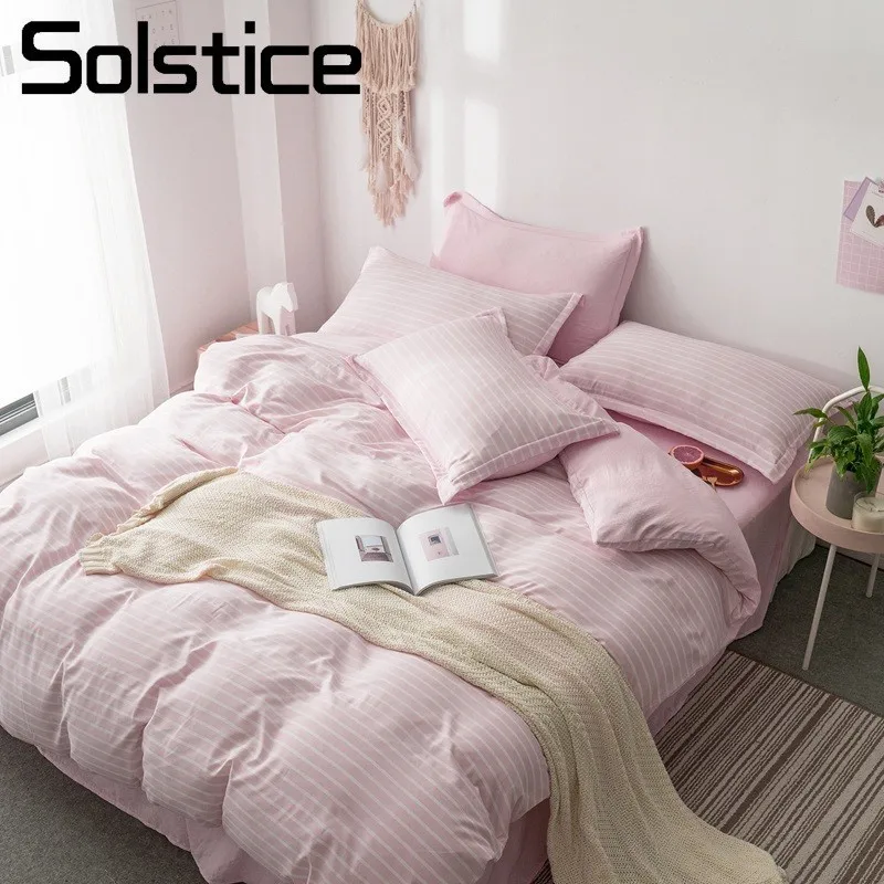 

Solstice Home Textile Pillowcase Flat Bed Sheet Duvet/Quilt Cover Pink Stripe Girl Adult Teen Woman Bedding Linens Set King Twin