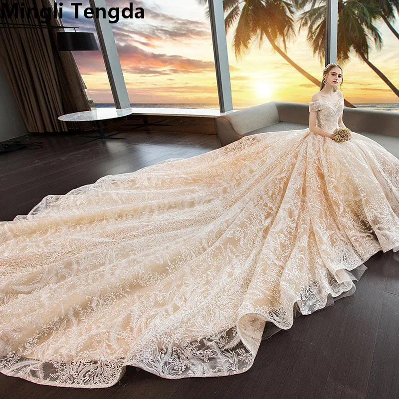 Kopen Mingli Tengda Champagne Trouwjurken Full Lace Bruid Jurk Koninklijke Trein Trouwjurk Parels Luxe Nieuwe Bruidsjurk Trouwjurk