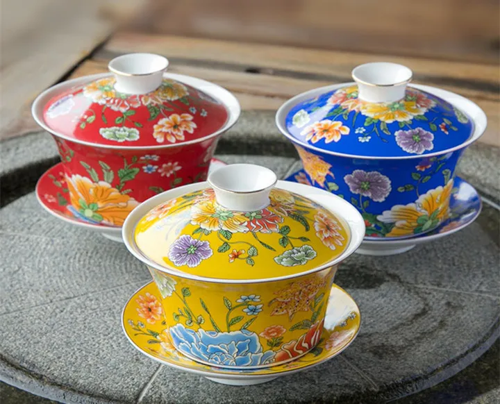 300 мл цветной Sancai Gaiwan яичная скорлупа из костяного фарфора чайная чашка и блюдце набор керамических чайных чашек с восьми сокровищами
