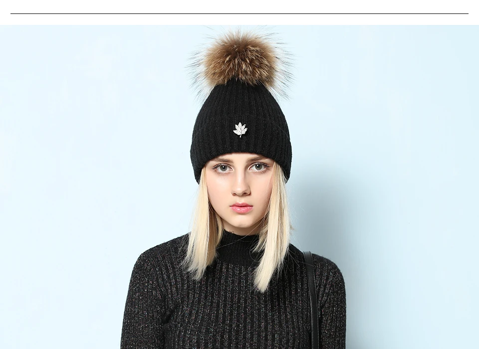 Ralferty Leaf Beanies Skullies помпон из меха енота шапка для женщин женские вязаные теплые зимние шапки лыжи gorros прочная чашка