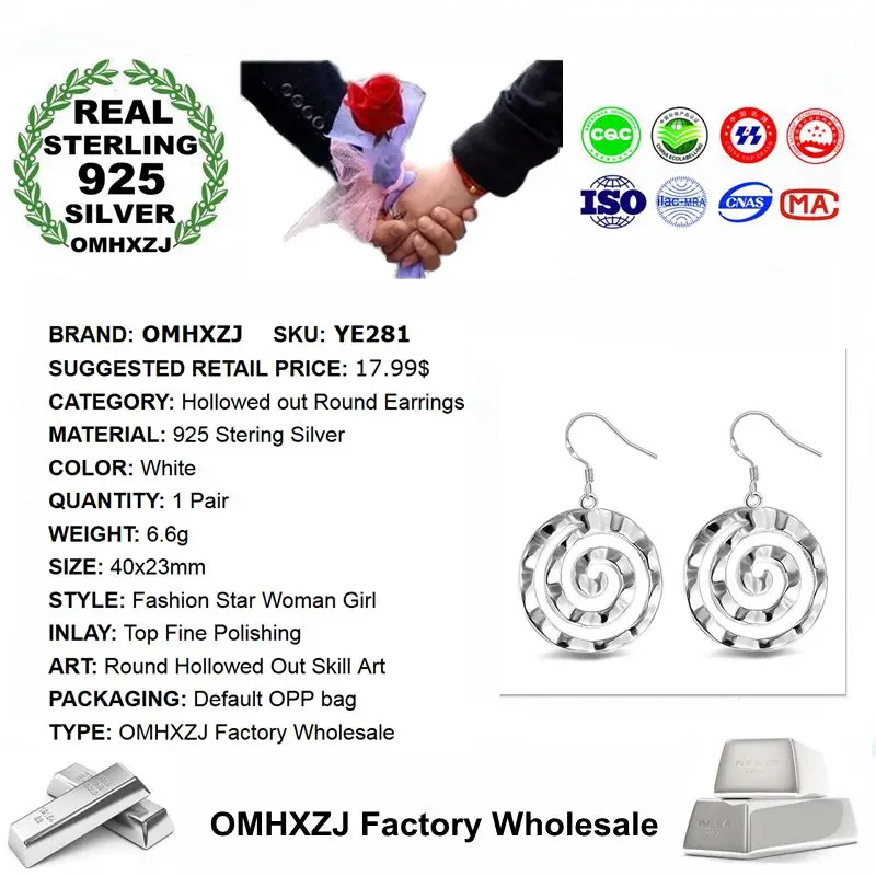 OMHXZJ Wholesale Personality Fashion OL Woman Girl Party Wedding White Hollowed Round 925 Sterling Silver Earrings YE281 | Украшения и