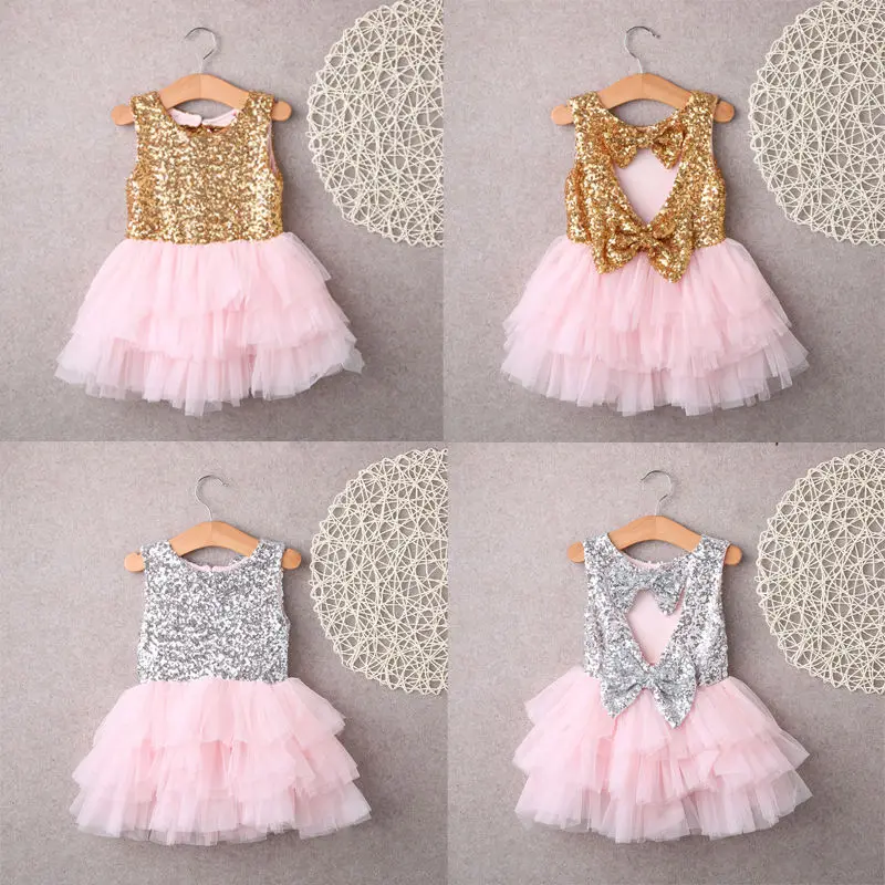 Baby Children Girl Dresses Sequins Backless Bow Gold Lace Tulle Ruffled Party Mini Ball Gown Formal Dress Fashion 2-7T | Детская одежда
