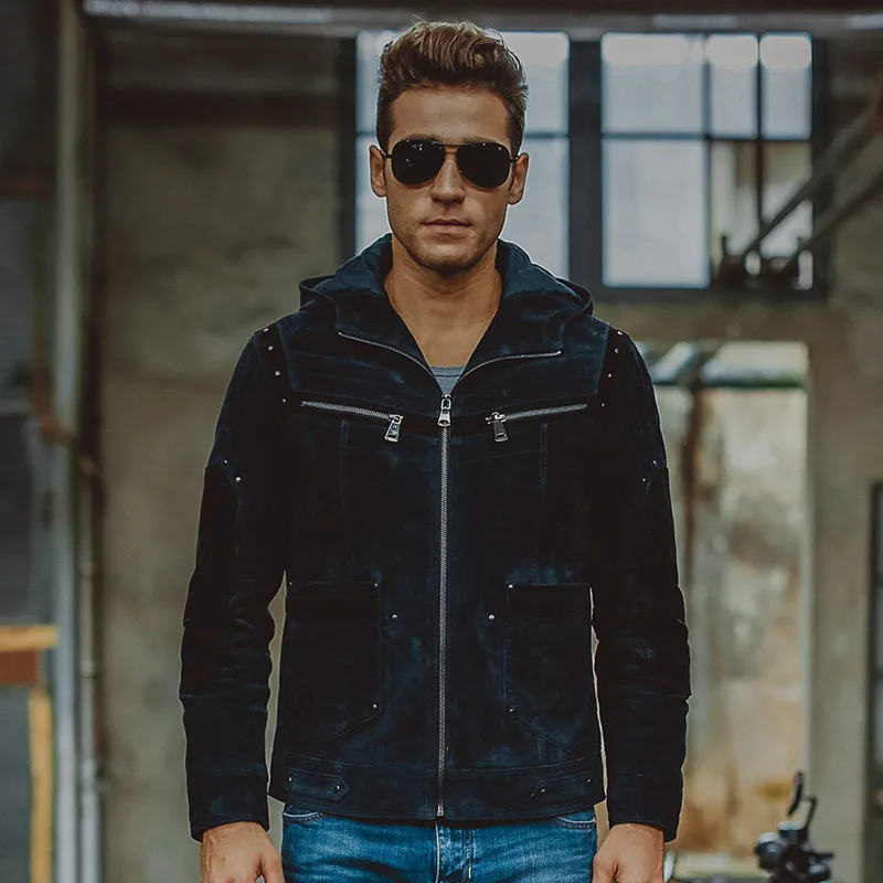 S 6XL мужские куртки из свиной кожи темно синие натуральной мотоциклетная куртка