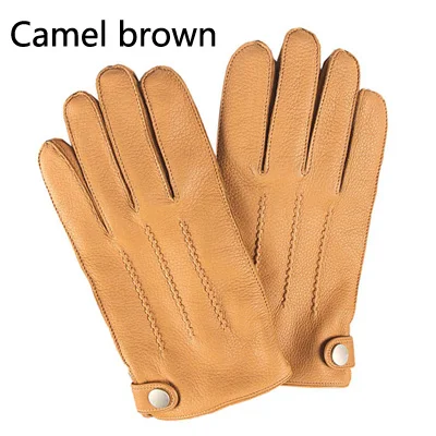 Camel Модные мужские перчатки из оленьей кожи на пуговицах, однотонные перчатки из оленьей кожи, мужские варежки, зимние теплые уличные перчатки для вождения - Цвет: Camel