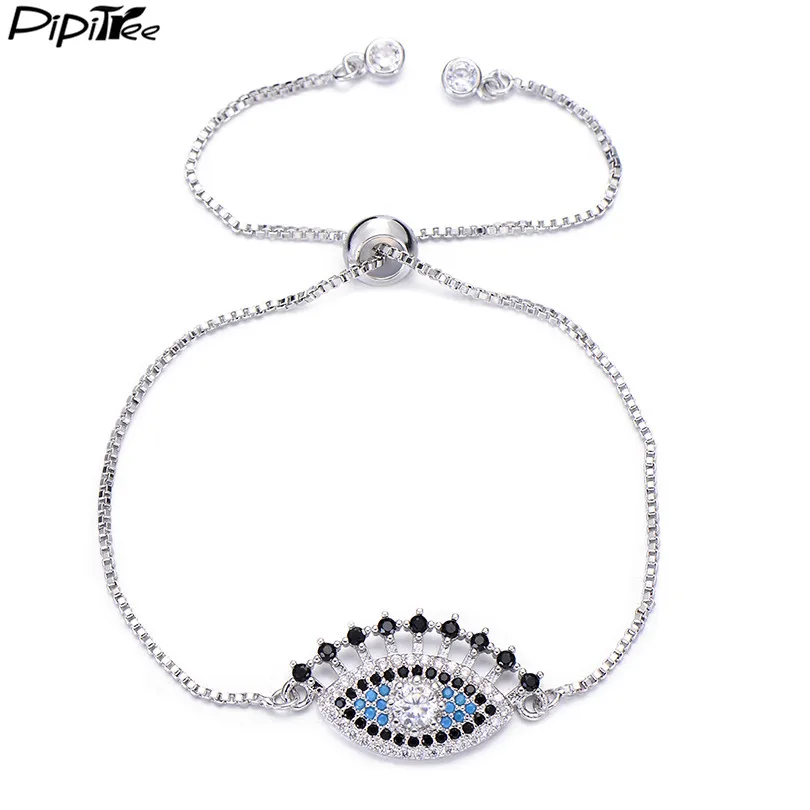 silver Pipitree Соблазнительные длинные ресницы Evil Eye регулируемый браслет с бусинами циркониевый камень cz проложенный ювелирный браслет из цепочек для женщин и мужчин - Окраска металла: silver
