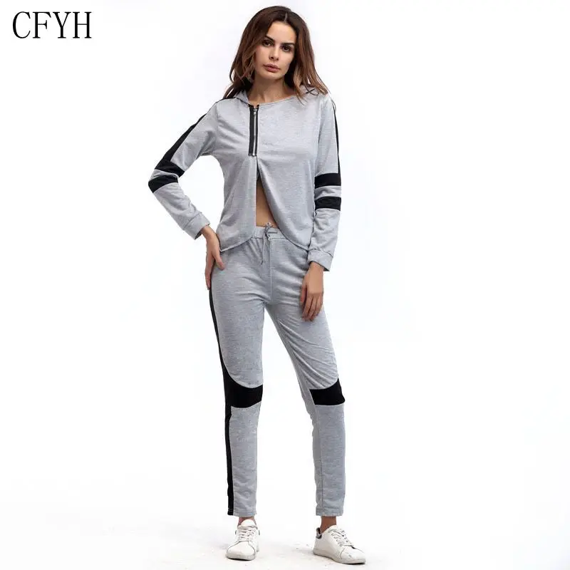 

CFYH однотонный лоскутный комплект из 2 предметов, топ и штаны, женские спортивные костюмы на молнии с капюшоном, костюм с длинными рукавами, т...
