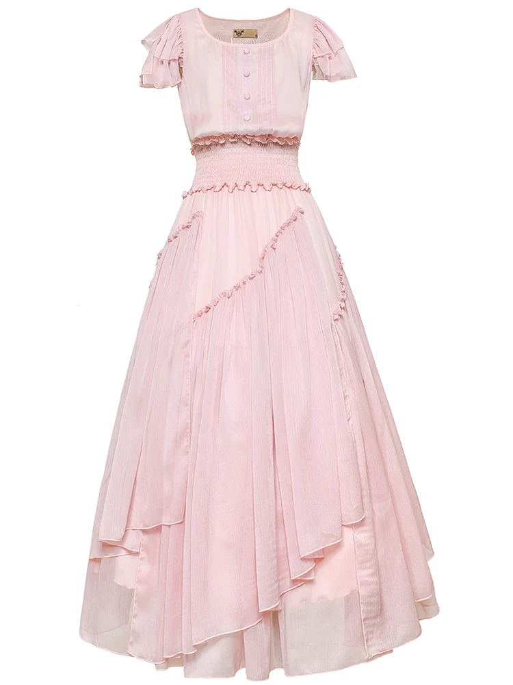 

Free Shipping Boshow 2020 New Women Long Mid-calf Short Ruffles Sleeve Summer S-L Chiffon O-neck Elastic Waist Bohemia Dresses