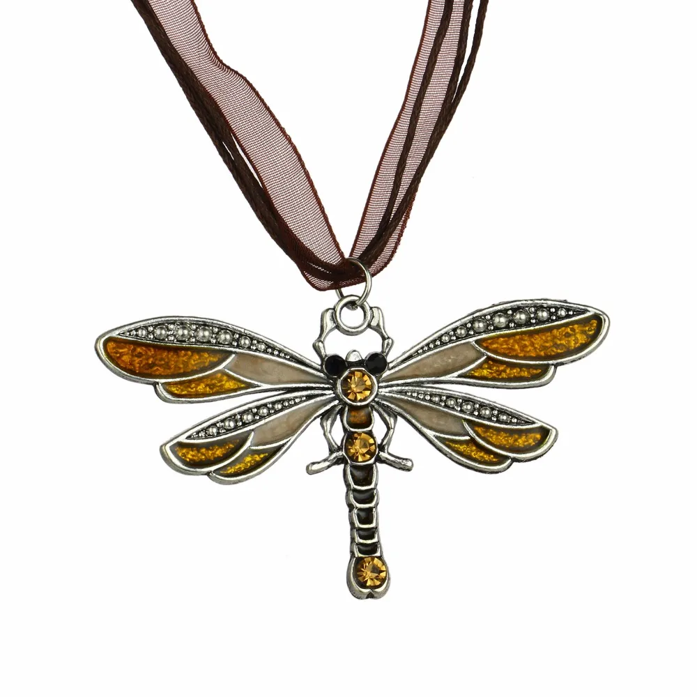 Женское винтажное ожерелье-Стрекоза цвета шампанского с кристаллами в виде